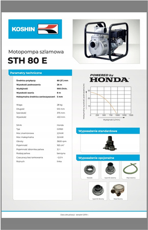 MOTOPOMPA DO WODY BRUDNEJ KOSHIN STH 80 E, HONDA GX160, WYDAJNOŚĆ 900  l/min